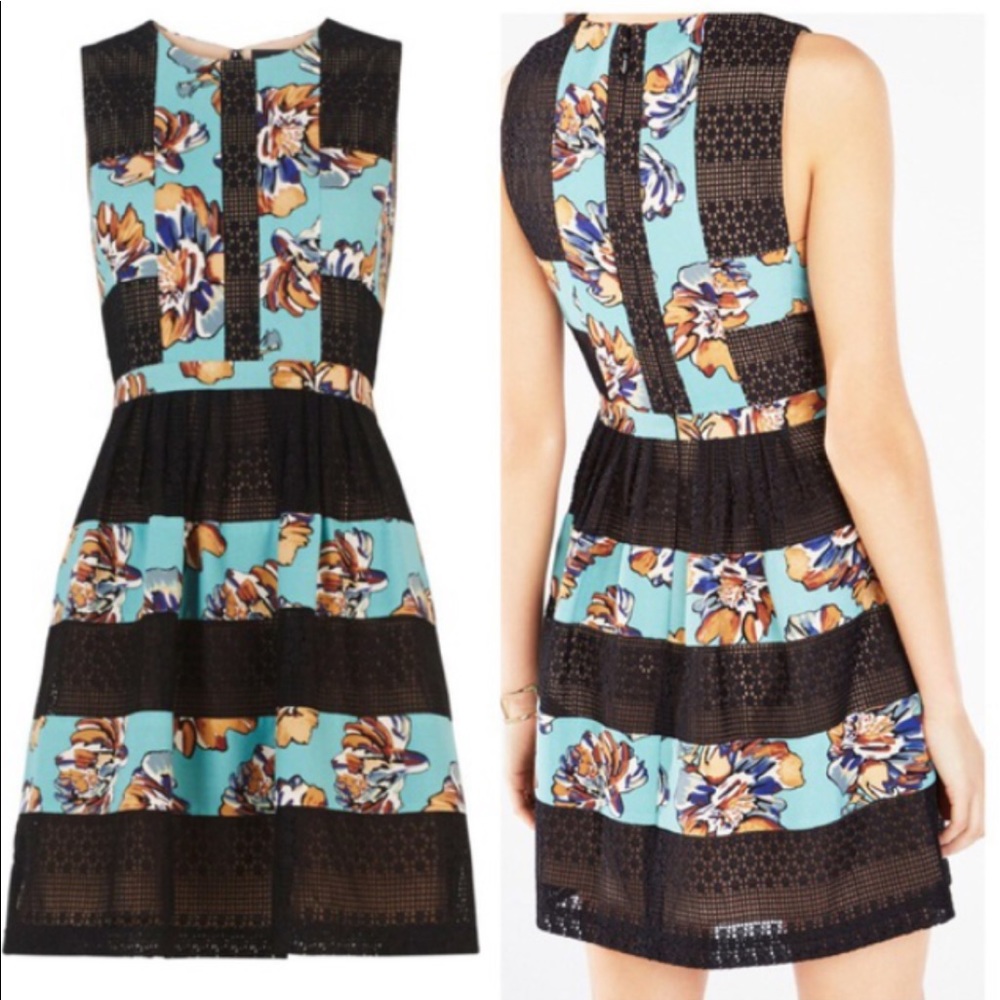 BCBGMaxazria Cecile Floral Print Block Lace Dress